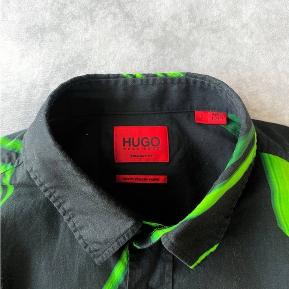 HUGO BOSS Hugo Green Black Abstract Print Shirt Straight Fit Size L - Picture 2 of 2